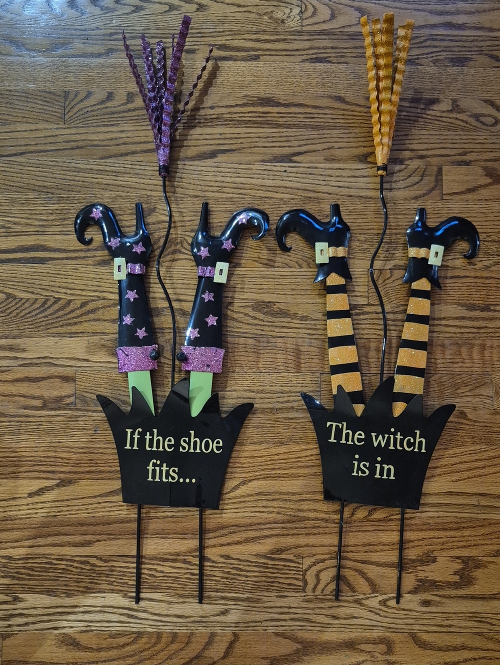Halloween Witch Shoe Garden Stakes - Black, Purple & Orange